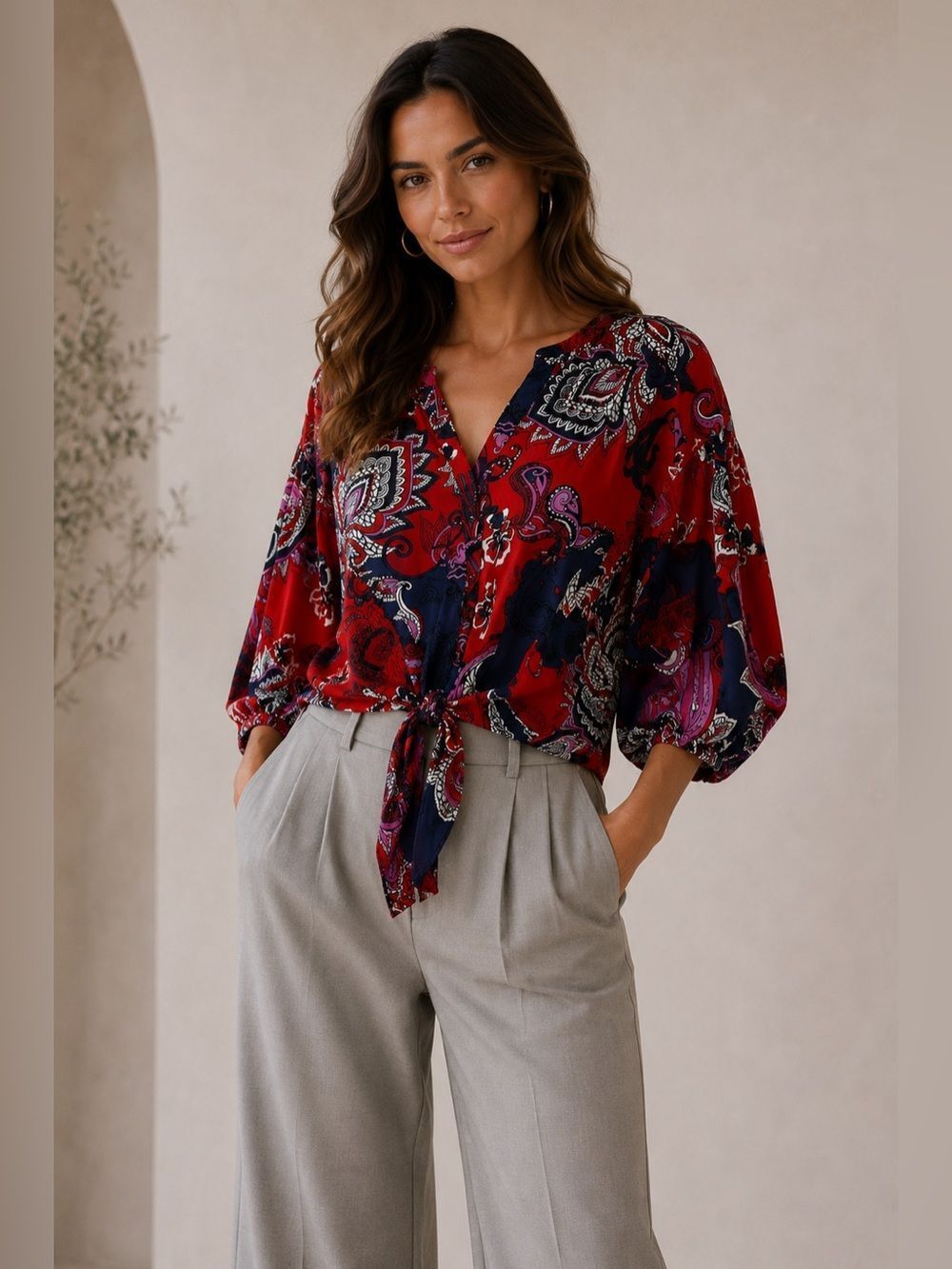 Peter Nygard Red/blue/pink Paisley/floral Button Up Tie Blouse Slit Sleeve Sz 14